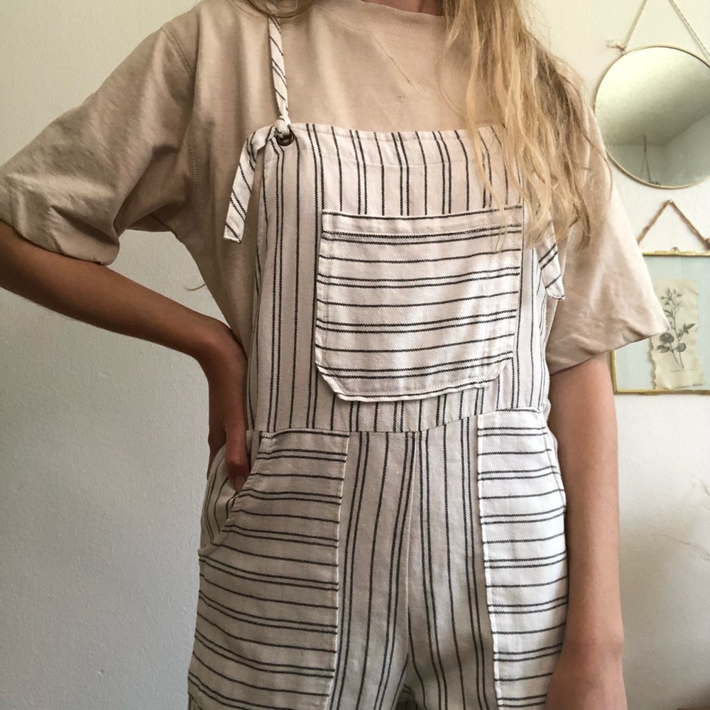 White & Black Striped Linen Overalls
